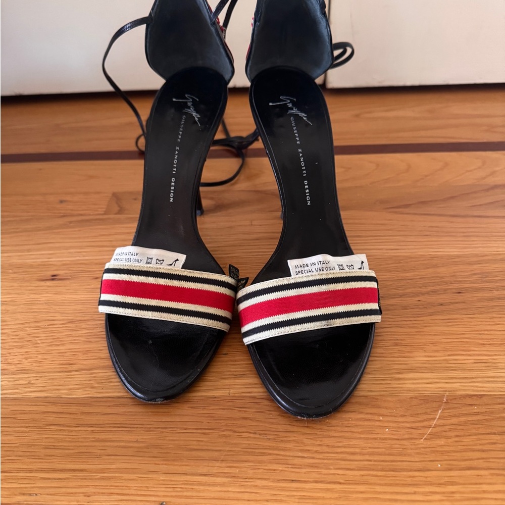 Giuseppe Zanoti Vintage Women's Strappy Heels with Red and Cream Stripe Detail